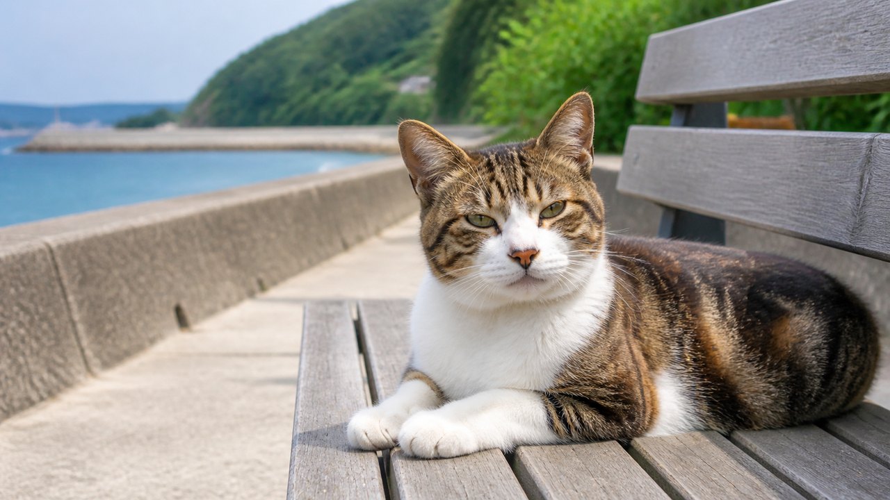 海辺の木製ベンチでくつろぐキジ白の猫のイメージ画像