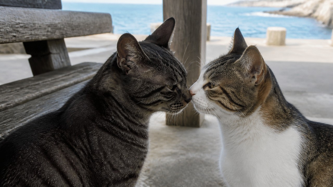 木陰のベンチで鼻先を寄せ合う黒っぽいキジ猫とキジ白猫