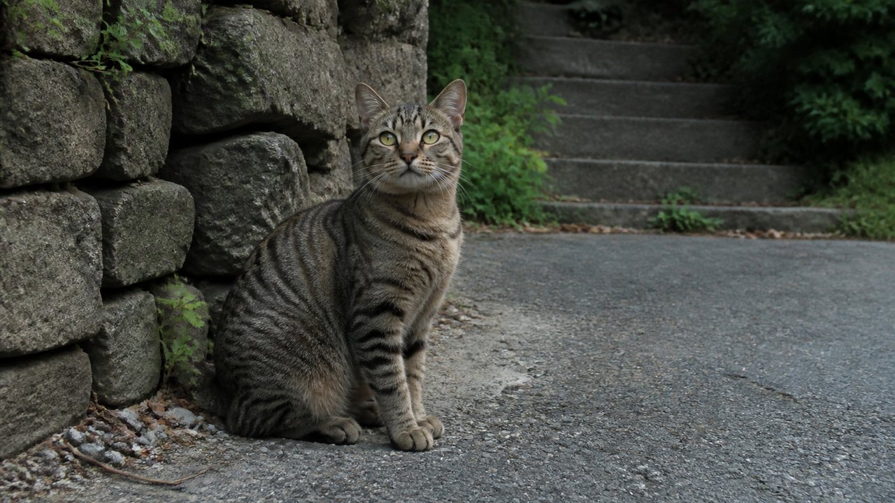 石垣のそばで座るキジトラ猫のイメージ画像