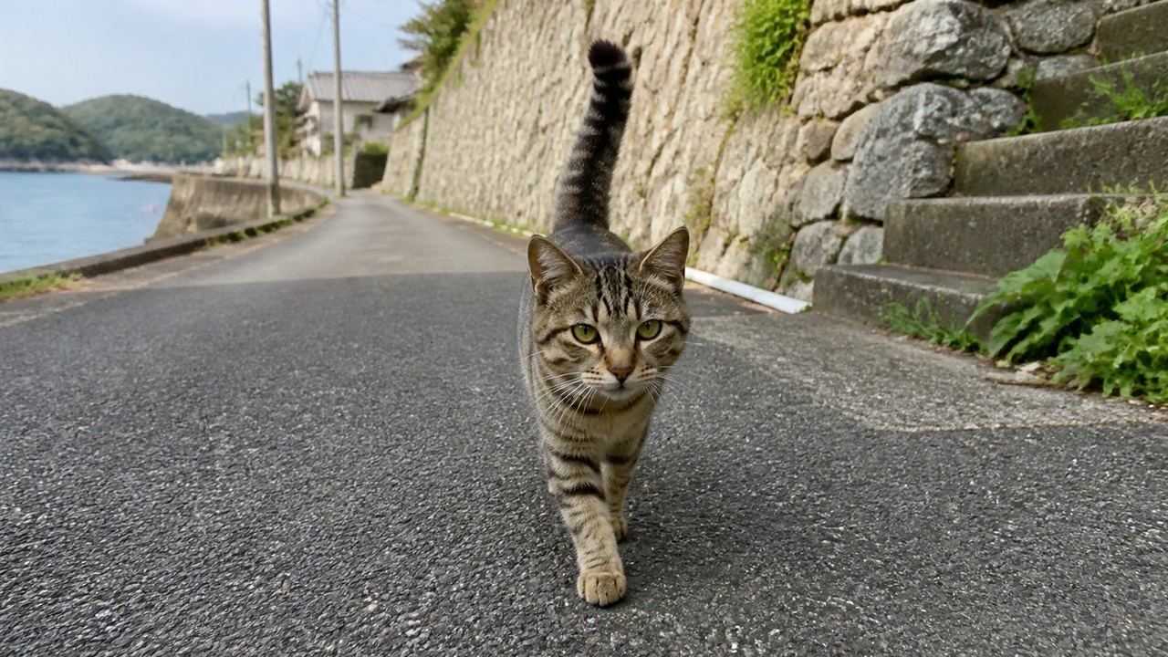 海沿いの道をしっぽを立てて近づくキジトラ猫のイメージ画像
