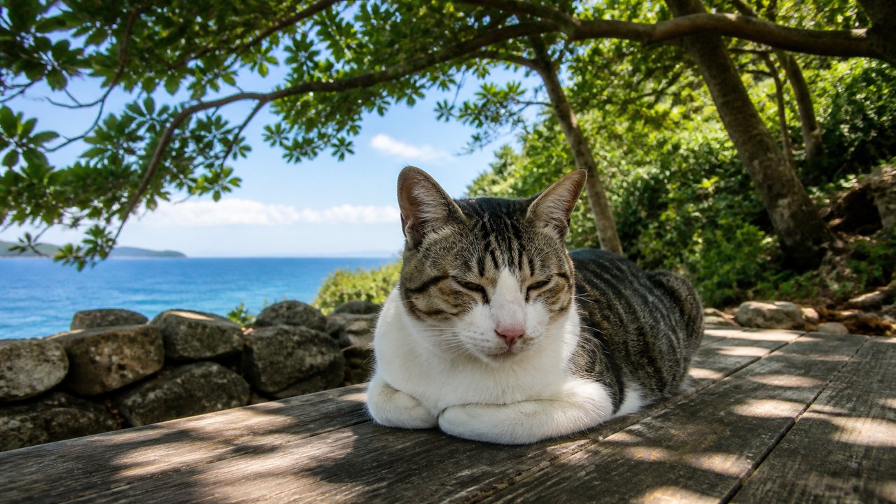 海を望む木陰で香箱座りするキジ白猫のイメージ画像
