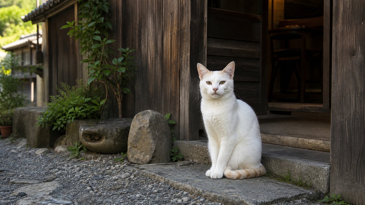 古民家カフェの入口で座る白猫のイメージ画像