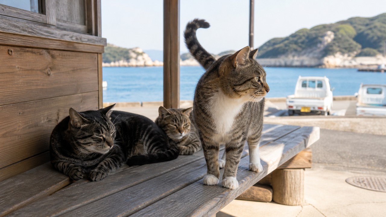 海の見える木製ベンチでくつろぐ灰キジ白と仲間の猫たち
