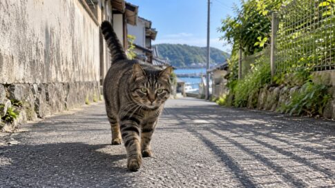 漁港の街の路地を歩いてくるキジ猫のイメージ画像