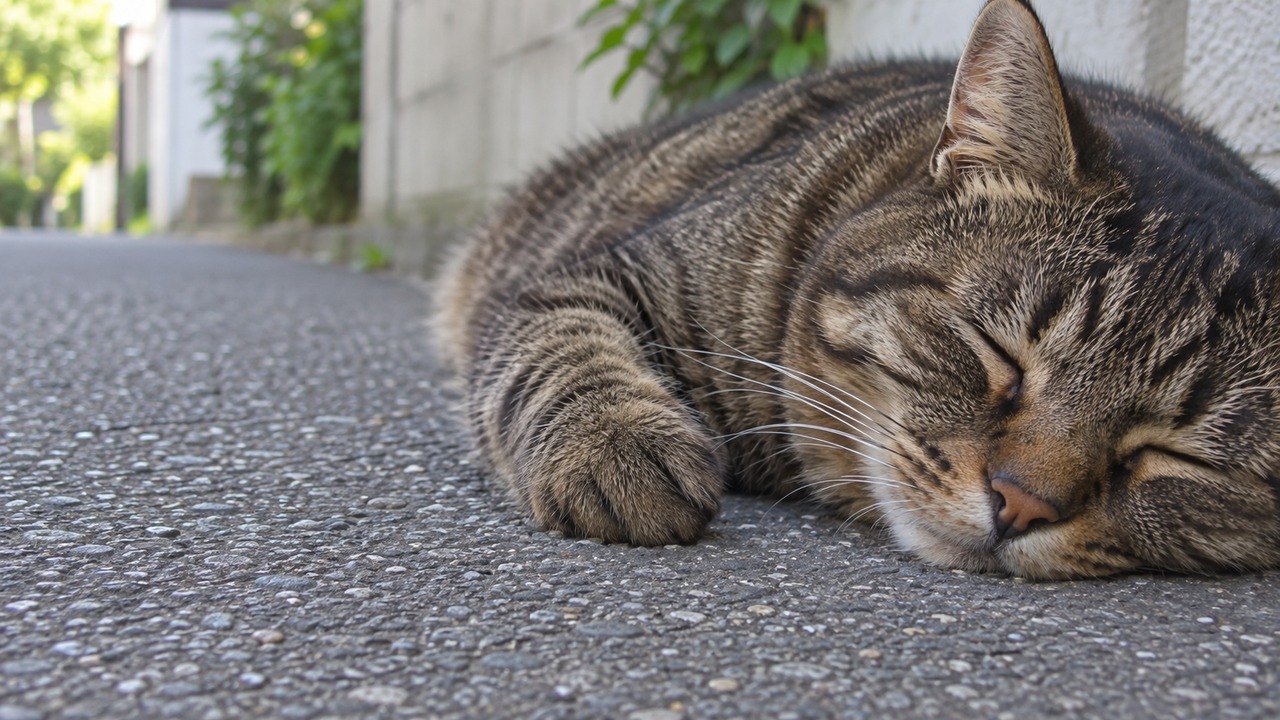 頬を地面につけて目を閉じるキジ猫のイメージ画像