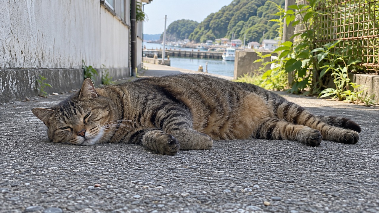 路地のアスファルトに横たわるキジ猫のイメージ画像