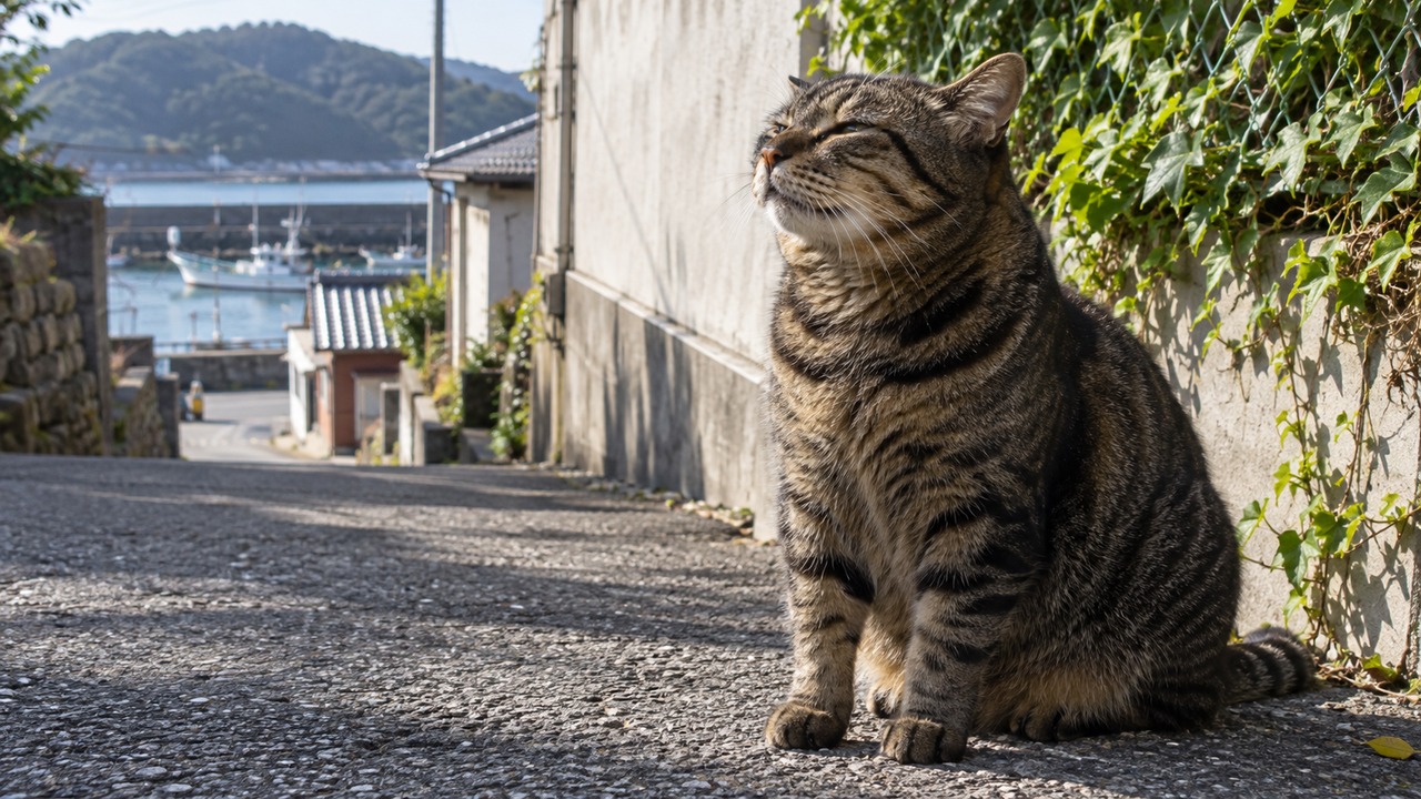 路地で座って顔を上げるキジ猫のイメージ画像