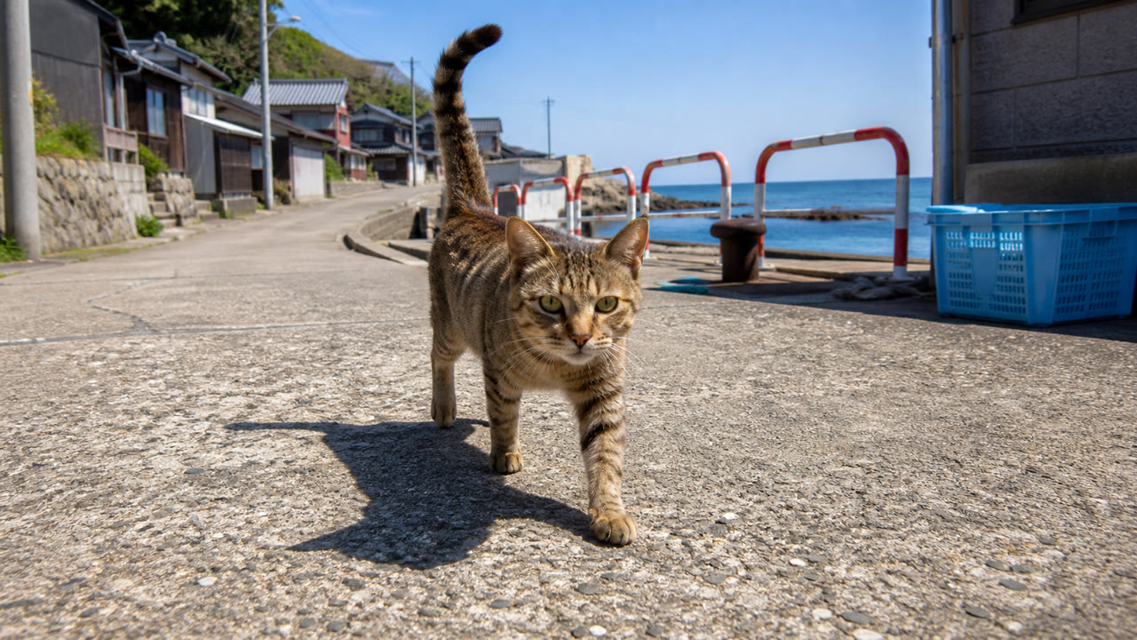 港町の道をこちらへ歩いてくるキジトラ猫のイメージ画像