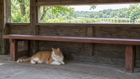 野鳥観察小屋で休む茶白猫のイメージ画像
