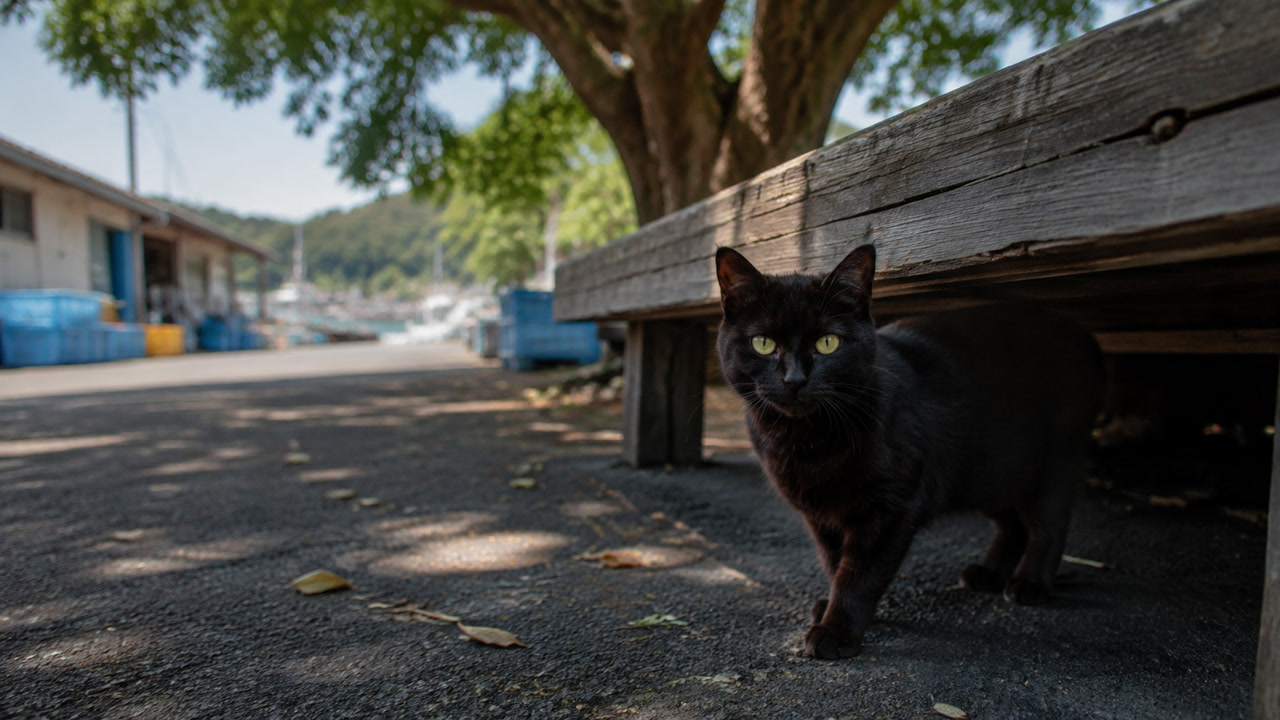 漁港の大きな木陰でベンチの下からこちらを見る黒猫のイメージ画像