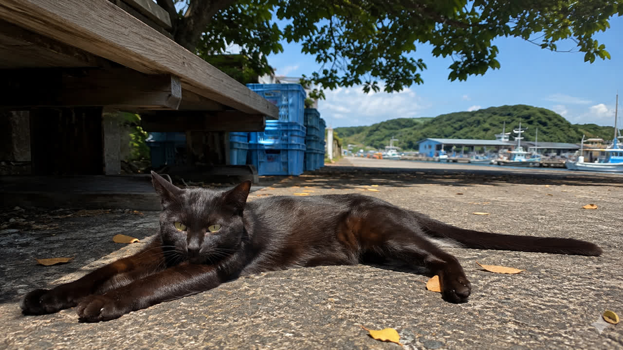 漁港の木陰で体を伸ばして休む黒猫のイメージ画像