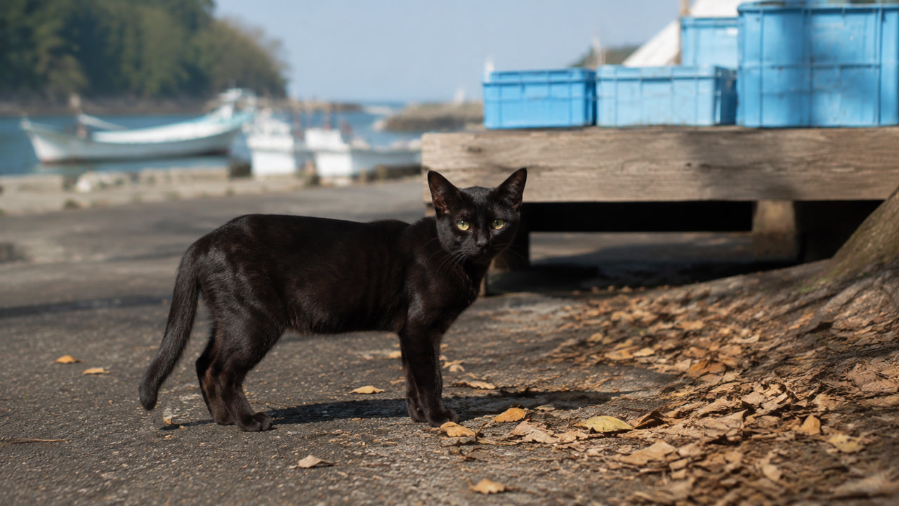 海辺の木陰から港を見つめる黒猫のイメージ画像