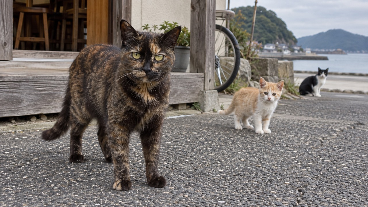 カフェに集まるサビ猫と子猫たちのイメージ画像