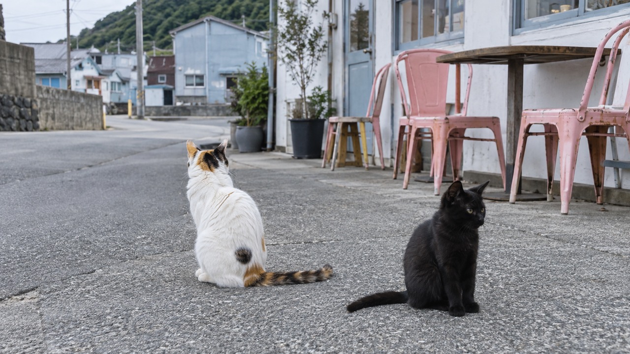 それぞれ違う方向を向いて過ごす三毛猫と黒い子猫のイメージ画像