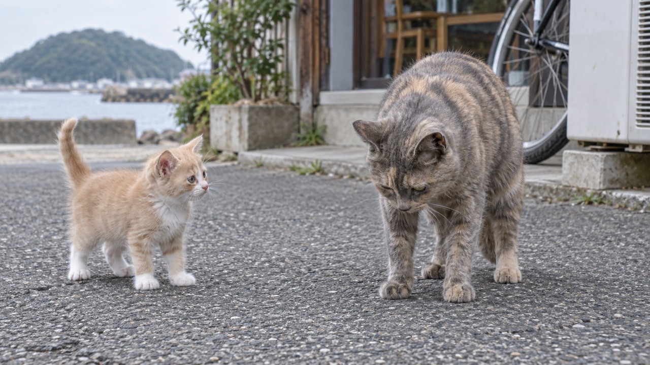 子猫と大人のサビ猫が並ぶイメージ画像