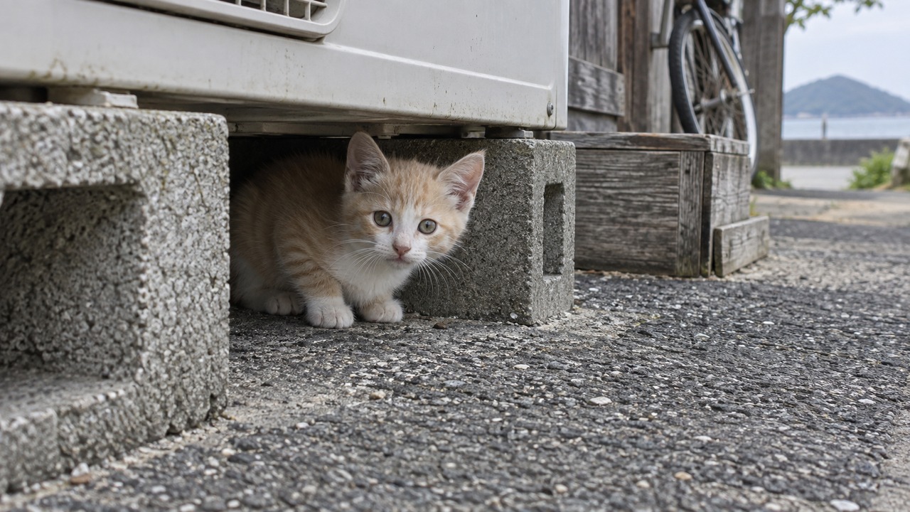 ブロックの間から顔を出す子猫のイメージ画像