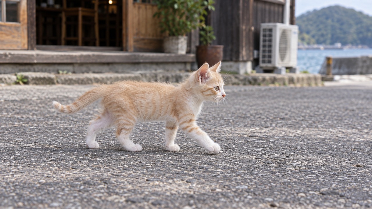 カフェ前を歩く薄茶色の子猫のイメージ画像
