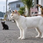 島のカフェ前で尾を上げる白の多い三毛猫と黒い子猫のイメージ画像