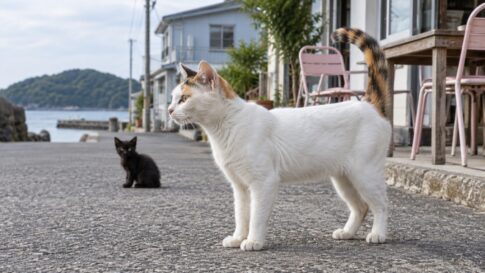 島のカフェ前で尾を上げる白の多い三毛猫と黒い子猫のイメージ画像