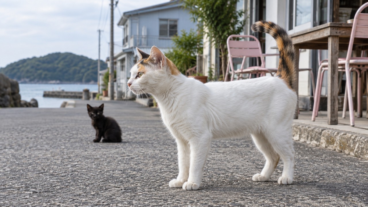 島のカフェ前で尾を上げる白の多い三毛猫と黒い子猫のイメージ画像