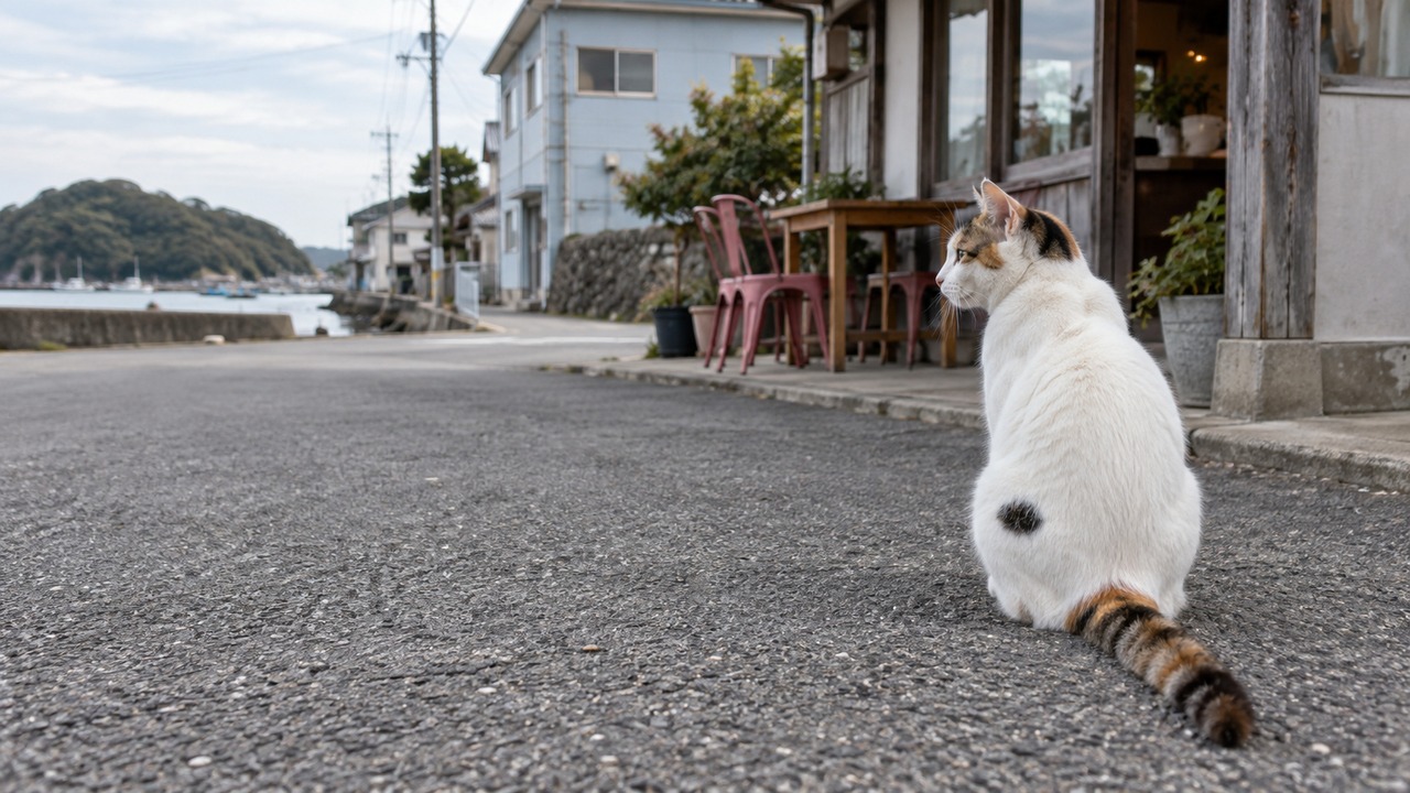 通りを見渡して座る白の多い三毛猫のイメージ画像
