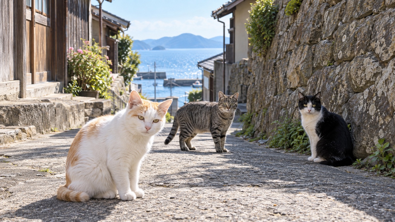 猫通りに集まる白茶猫と縞猫たちのイメージ画像