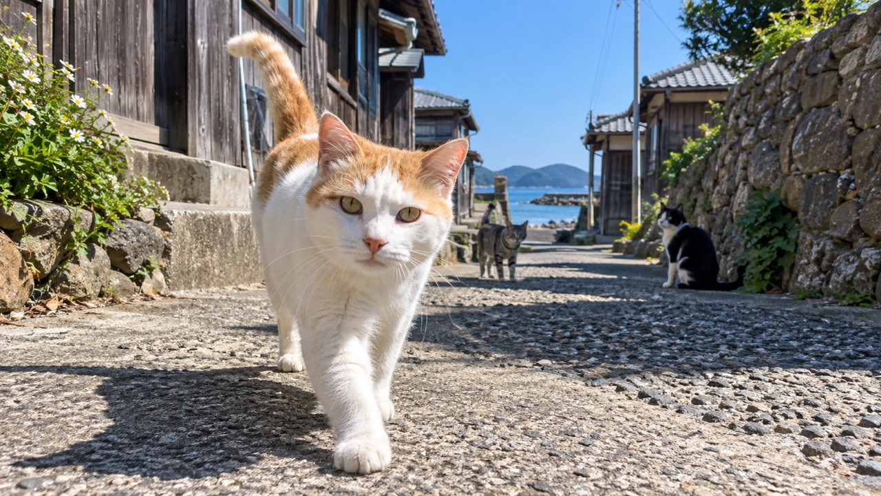 猫通りの入口で近づいてくる白茶猫のイメージ画像