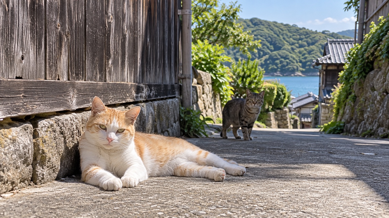 古い木壁のそばで白茶猫が休むイメージ画像