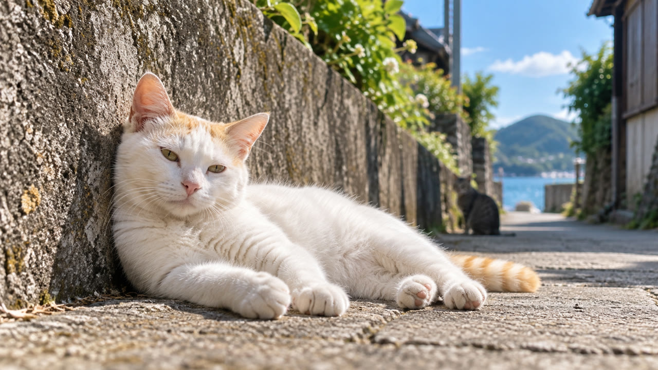 石壁にもたれて白茶猫が休むイメージ画像