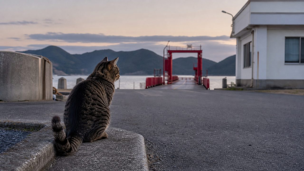 夕方のフェリー桟橋を見つめるキジトラ猫のイメージ画像