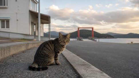 赤い桟橋を背景に港の道端で座るキジトラ猫のイメージ画像