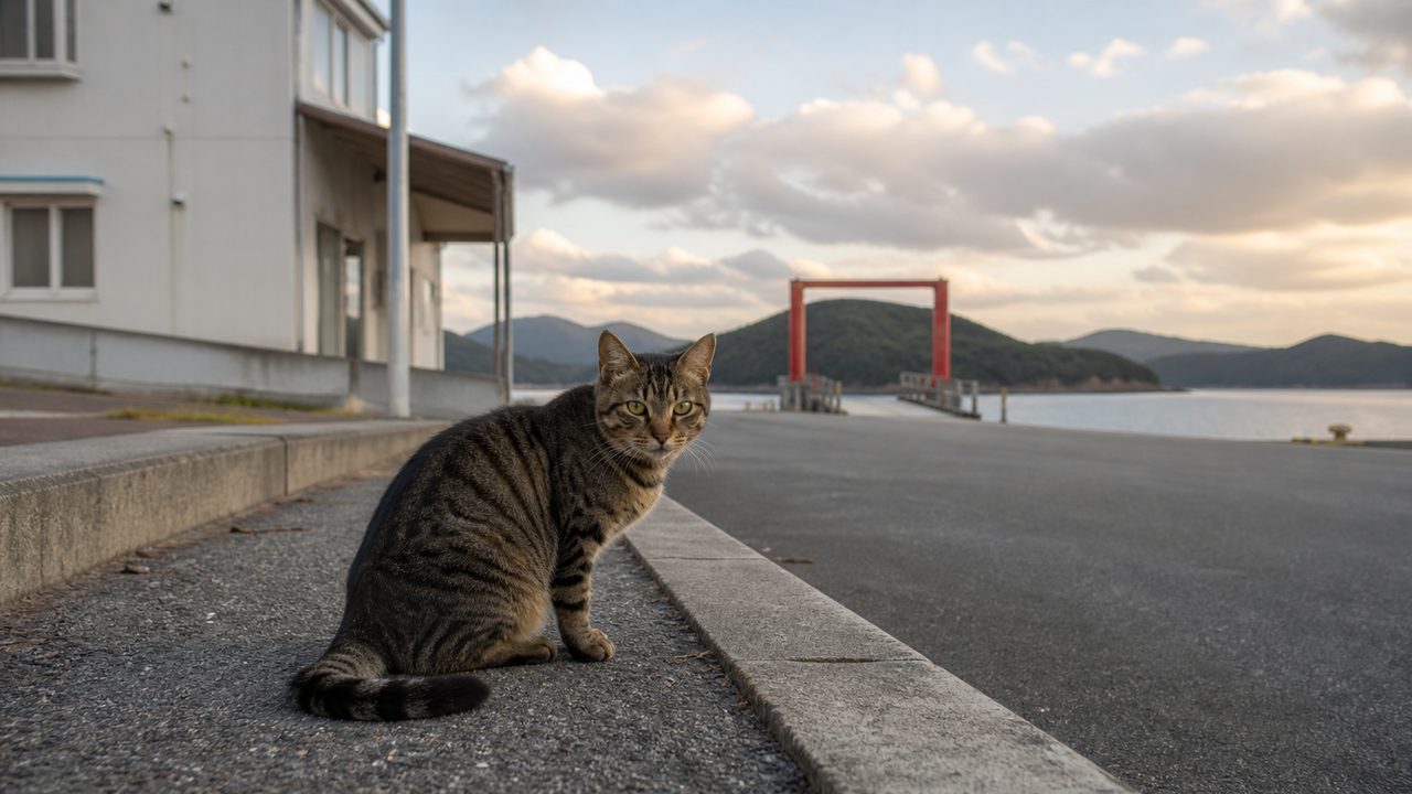 赤い桟橋を背景に港の道端で座るキジトラ猫のイメージ画像