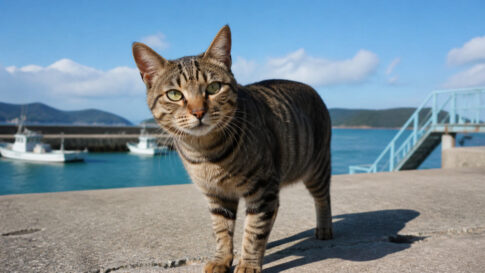 漁港の岸壁で海を背景に立つキジトラ猫のイメージ画像