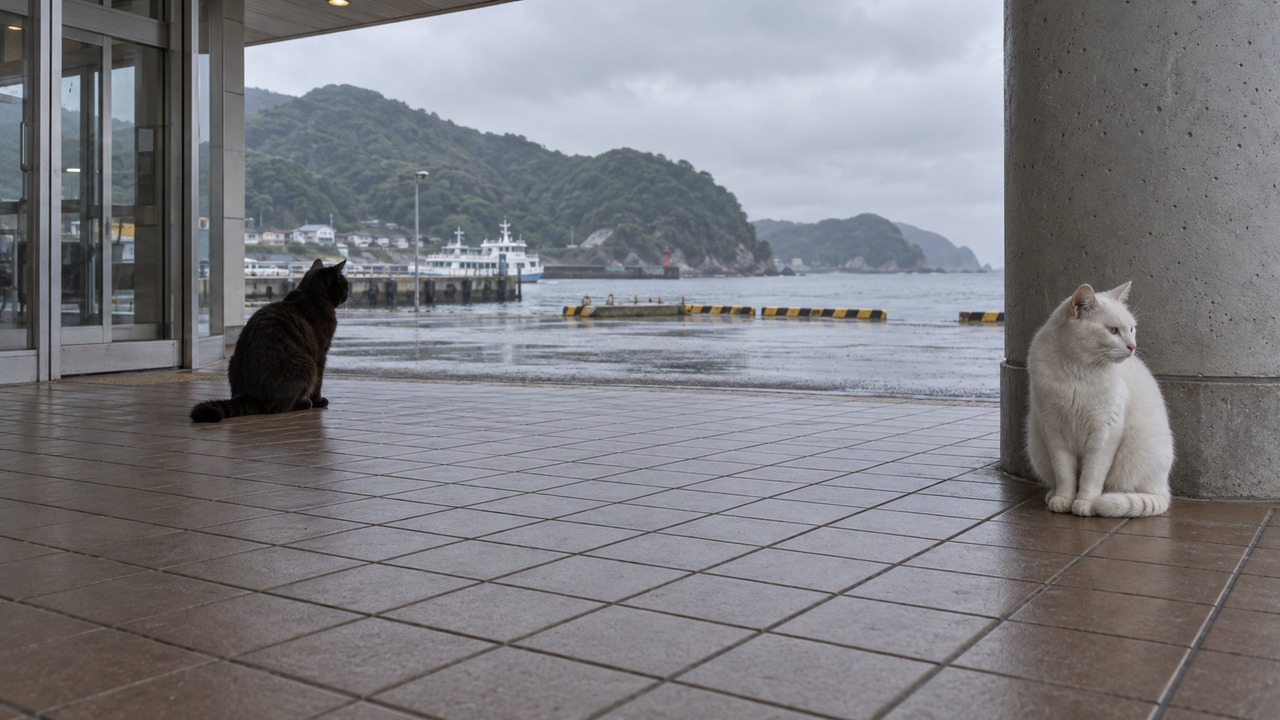 フェリー乗り場の入口で離れて座る二匹の猫のイメージ画像