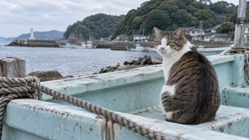 淡い水色の船で振り返るキジ白猫のイメージ画像