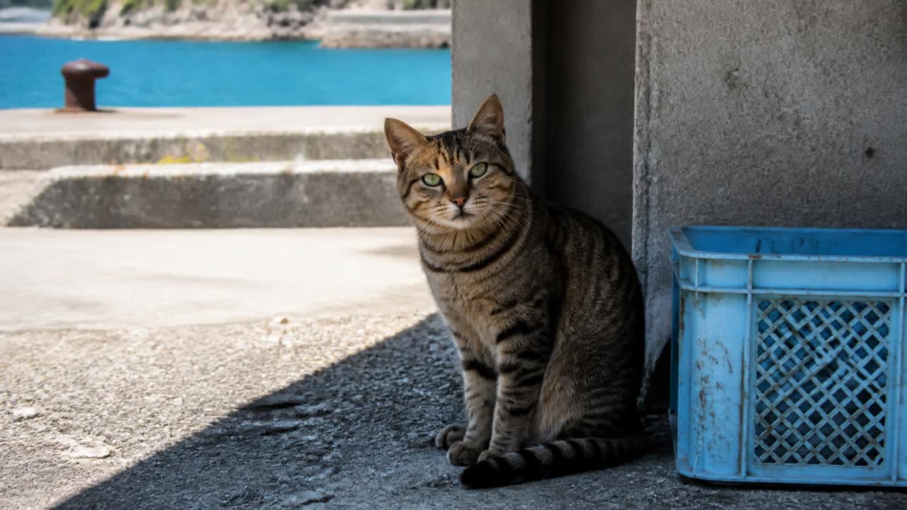 青いかごのそばで待つキジトラ猫のイメージ画像