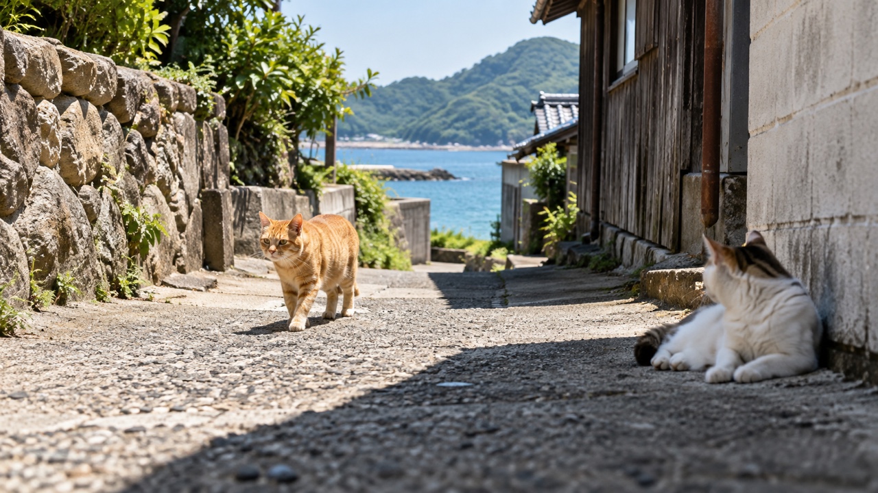 島の路地を歩く茶トラ猫と休む白猫のイメージ画像