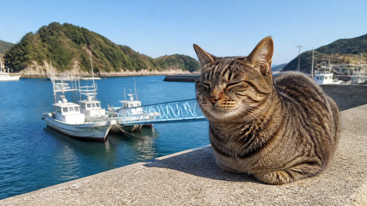 港の海を背に休むキジトラ猫のイメージ画像