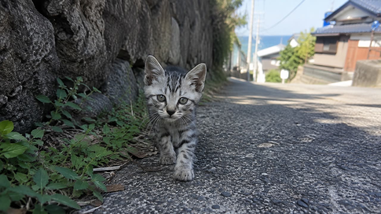 猫島の道路脇からこちらへ歩くサバトラ子猫のイメージ画像