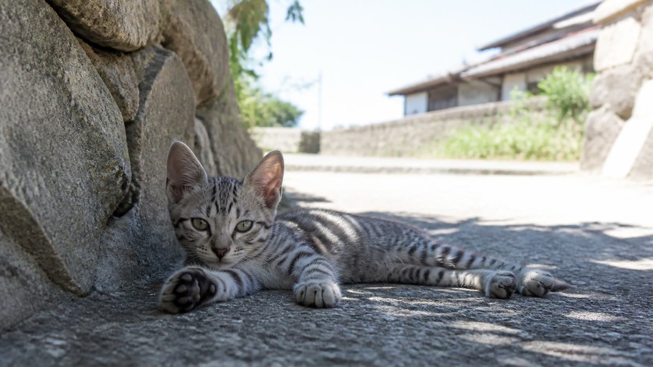 猫島の石垣沿いの木陰で休むサバトラ子猫のイメージ画像