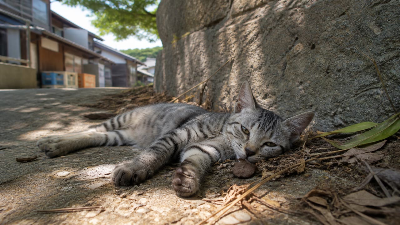 木陰の石垣下で体を伸ばすサバトラ子猫のイメージ画像