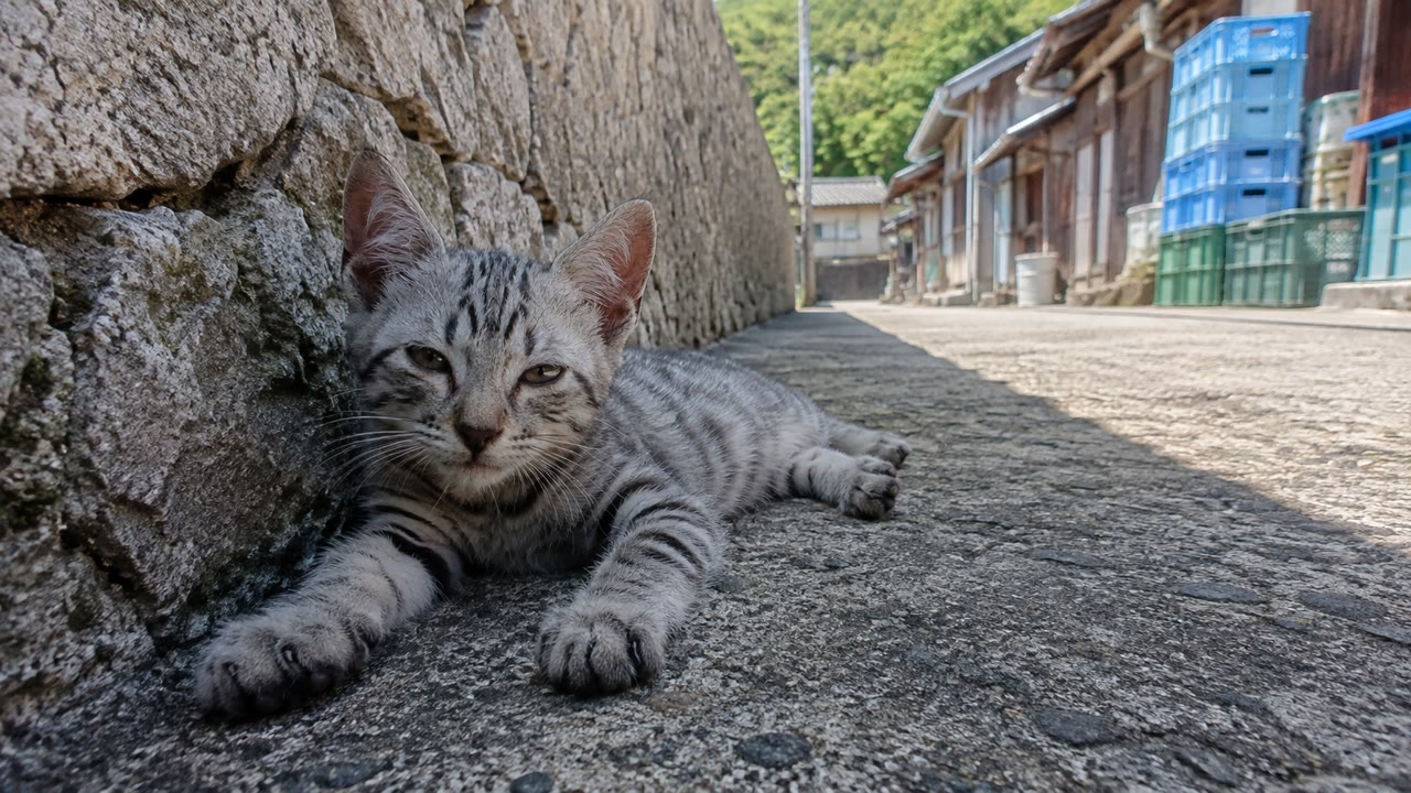 石垣のそばで目を覚ますサバトラ子猫のイメージ画像