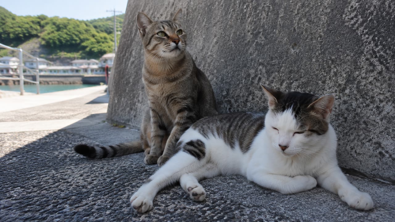 コンクリート壁のそばでくつろぐキジトラ猫と白キジ猫のイメージ画像