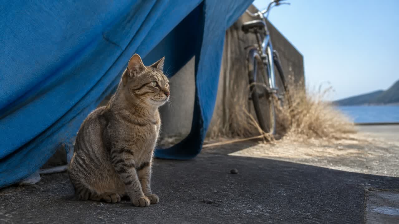 港の光を見つめるキジトラ猫と青いシートのイメージ画像