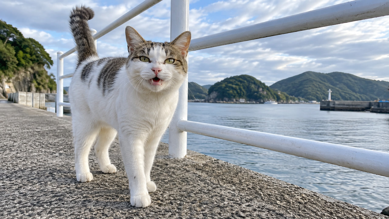 防波堤の手すり沿いで鳴く白キジ猫のイメージ画像