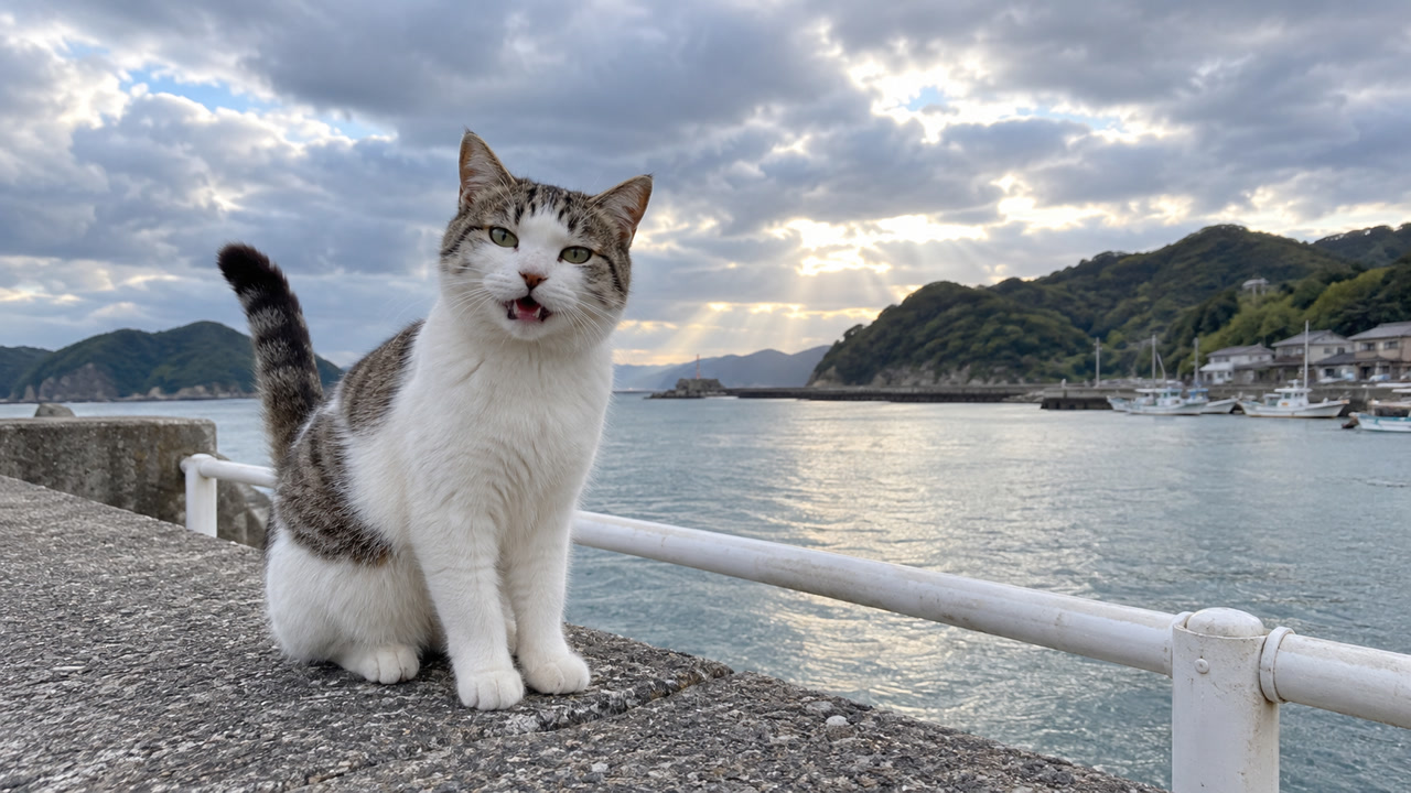 曇り空の港でこちらに話しかけるように鳴く白キジ猫のイメージ画像