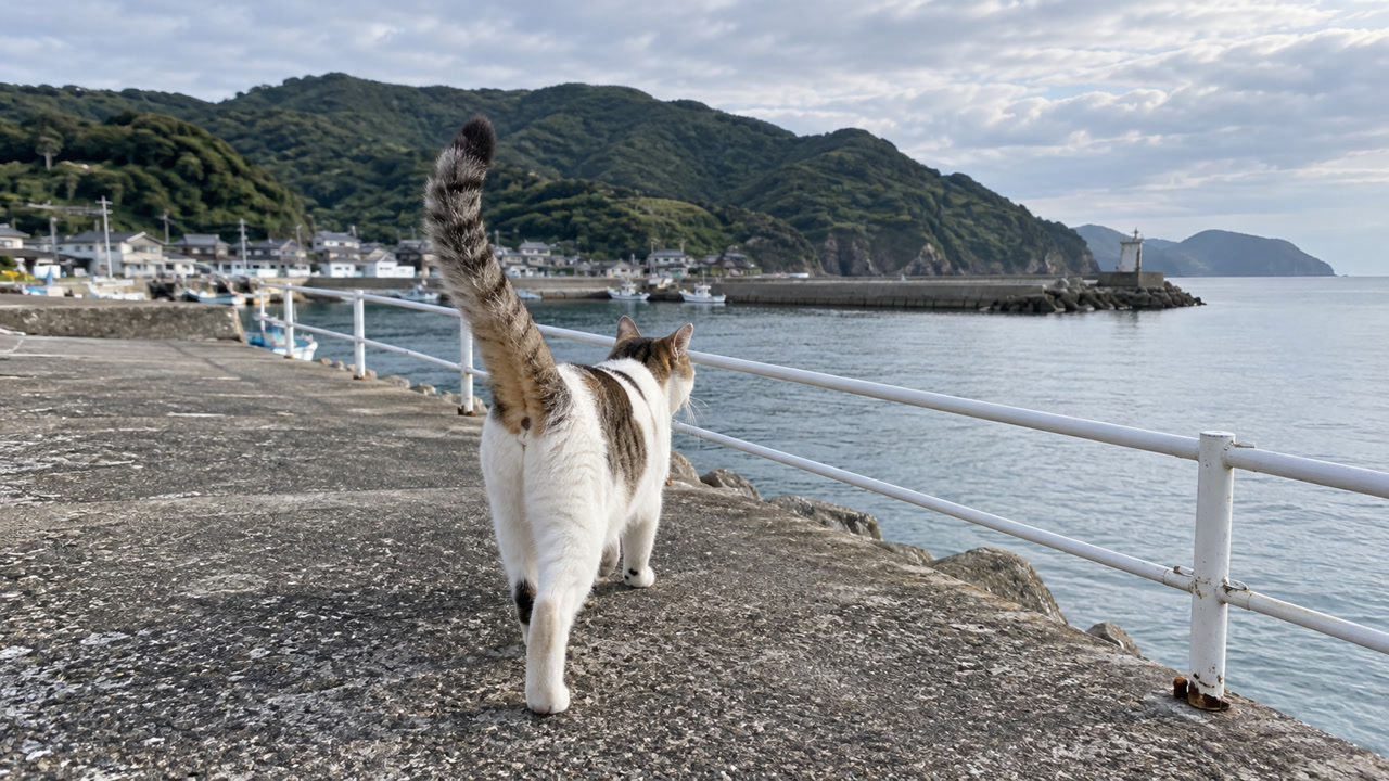 しっぽを立てて防波堤を歩く白キジ猫のイメージ画像