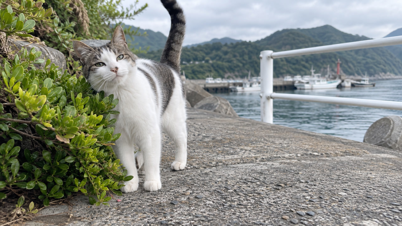 港の植え込みに体を寄せる白キジ猫のイメージ画像