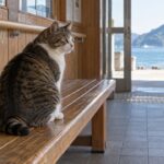 木のベンチから入口を向くキジ白猫のイメージ画像