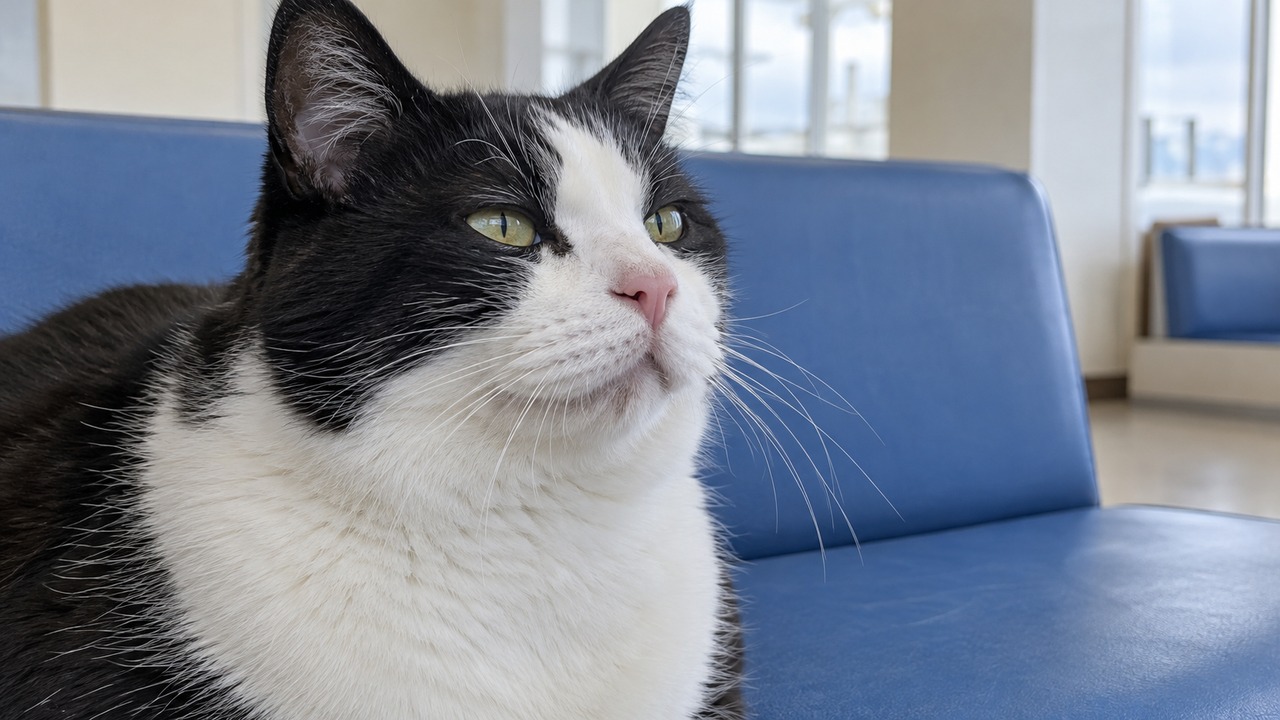ベンチで顔を上げる白黒猫のイメージ画像
